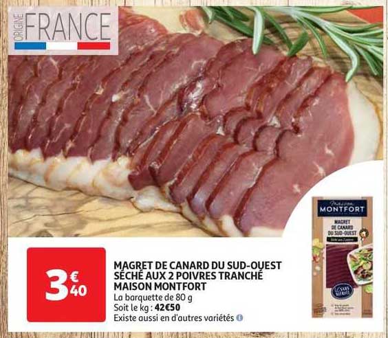 magret de canard du sud-ouest séché aux 2 poivres tranché maison montfort