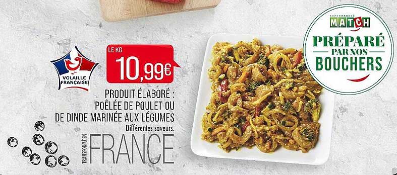 produit élaboré poêlée de poulet ou de dinde marinée aux légumes