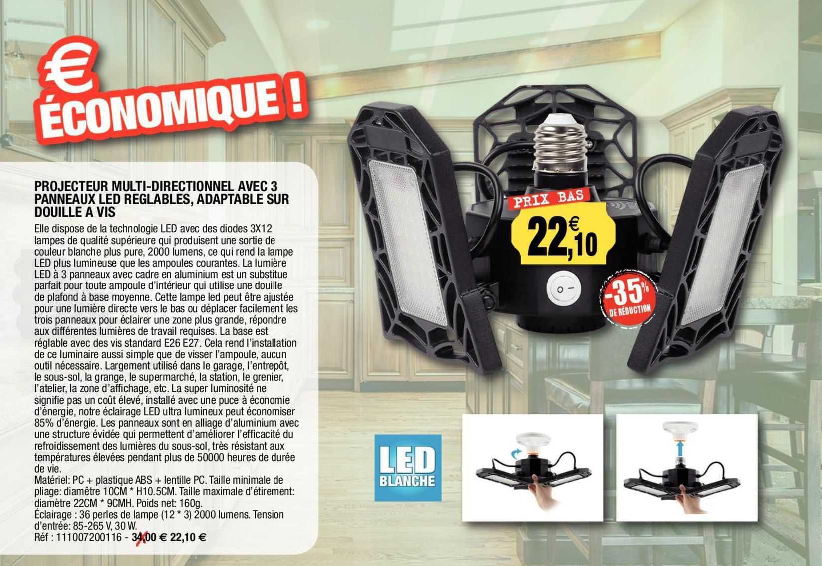 projecteur multi-directionnel avec 3 panneaux led reglables, adaptable sur douille à vis