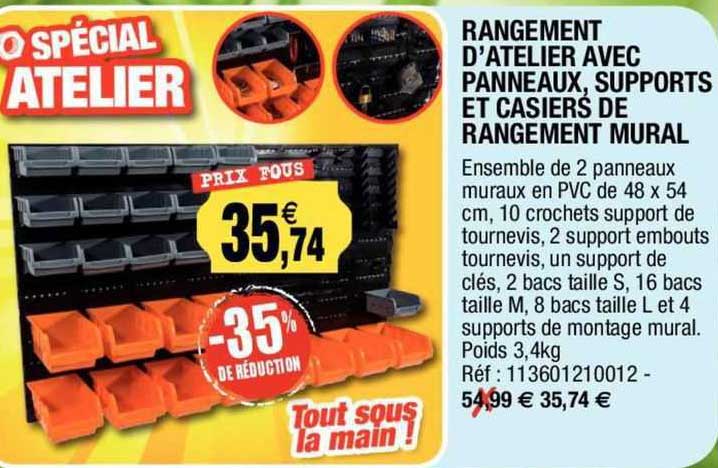 rangement d'atelier avec panneaux, supports et casiers de rangement mural