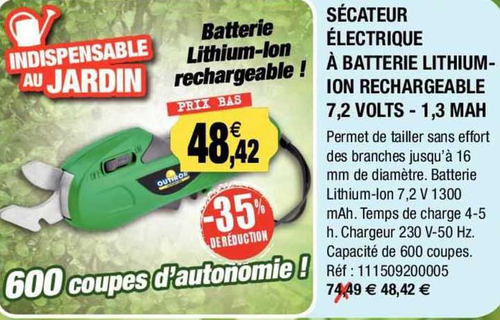 sécateur électrique à batterie lithium - ion rechargeable 7,2 volts - 1,3 mah