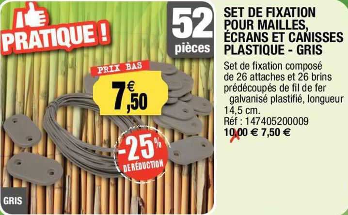 set de fixation pour mailles, écrans et canisses plastique - gris