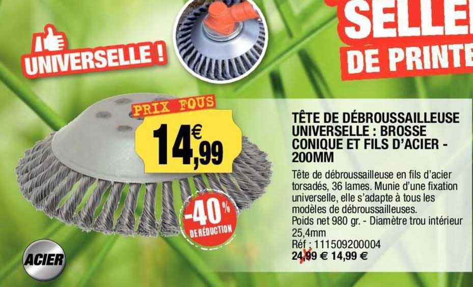 tête de débrouisssailleuse universelle : brosse conique et fils d'acier - 200mm