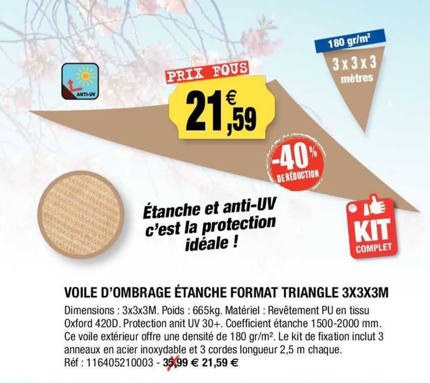 voile d'ombrage étanche format triangle 3x3x3m