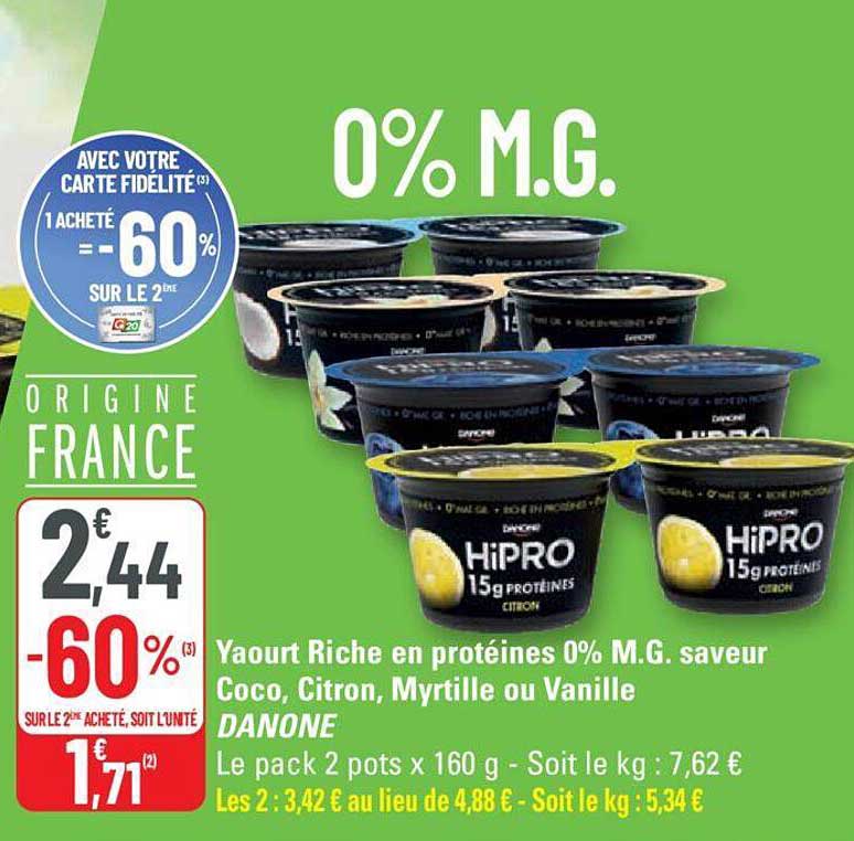 yahourt riche en protéines 0% mat. gr. saveur coco, citron, myrtille ou vanille danone