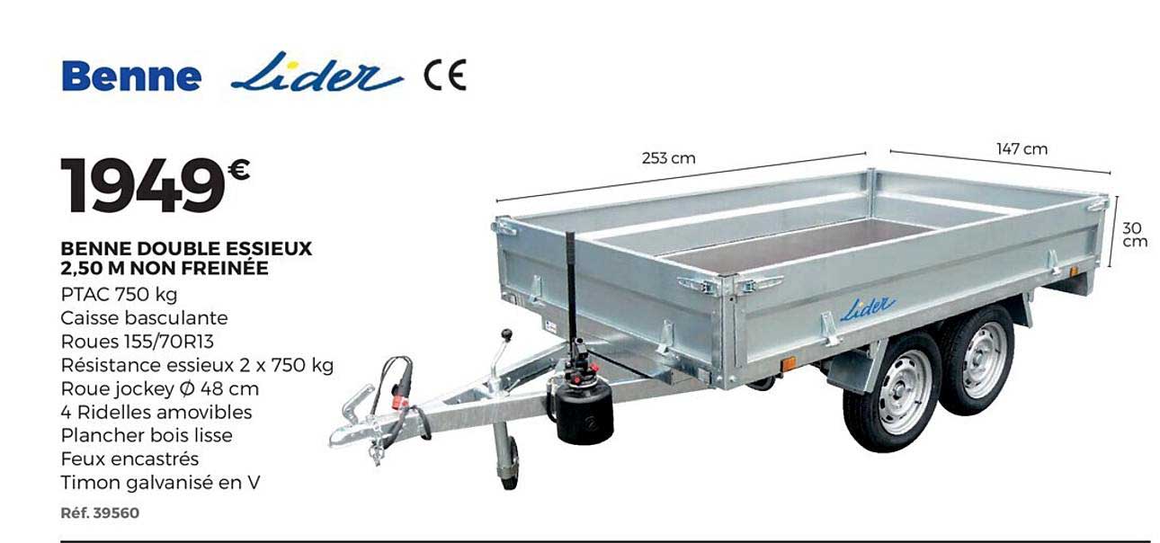 benne double essieux 2,50 m non freinée lider