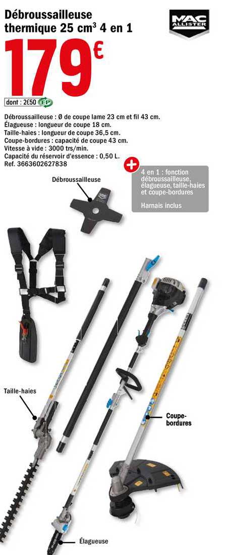débroussailleuse thermique 25 cm3 4 en 1 mac allister