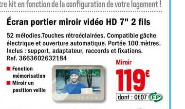 écran portier miroir vidéo hd 7" 2 fils