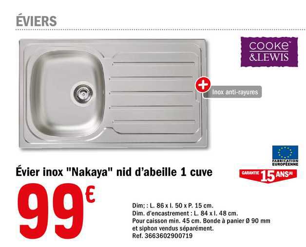 évier inox "nakaya" nid d'abeille 1 cuve cooke & lewis