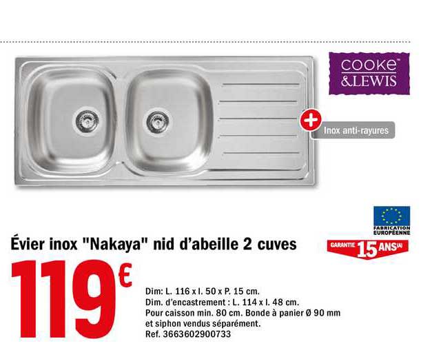 évier inox "nakaya" nid d'abeille 2 cuves cooke & lewis
