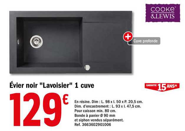 évier noir "lavoisier" 1 cuve cooke & lewis