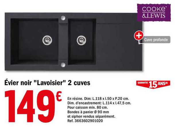 évier noir "lavoisier" 2 cuves cooke & lewis