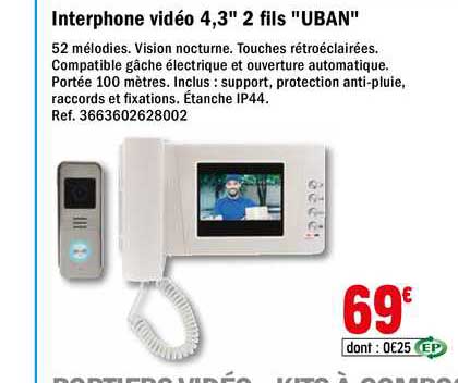 interphone vidéo 4,3" 2 fils "uban"