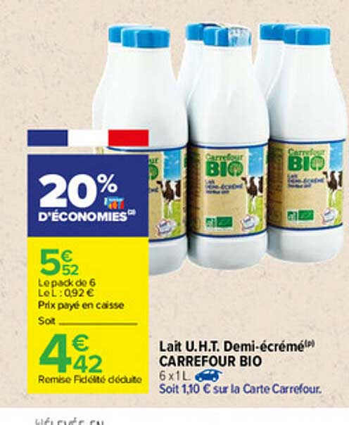 lait u.h.t. demi-écrémé carrefour bio
