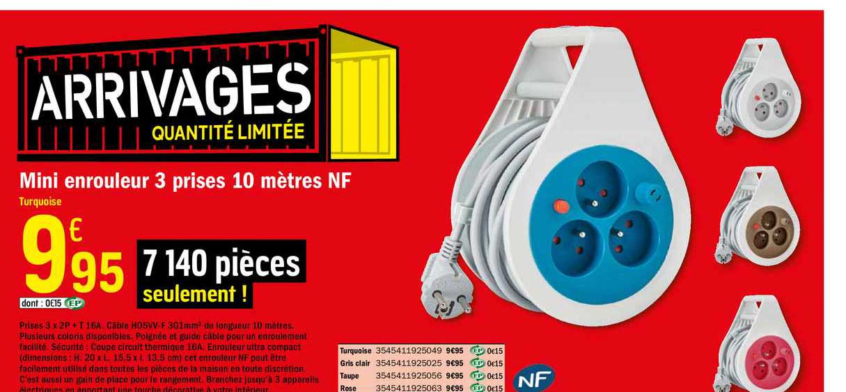 mini enrouleur 3 prises 10 mètres nf