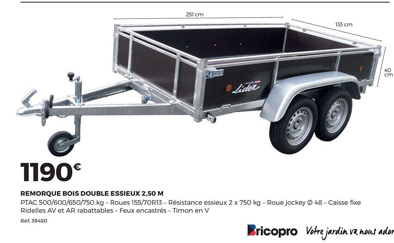 remorque bois double essieux 2,50 m lider