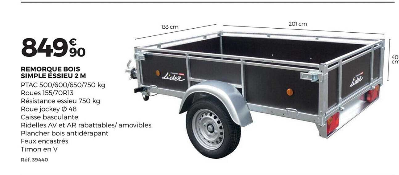 remorque bois simple essieu 2 m lider