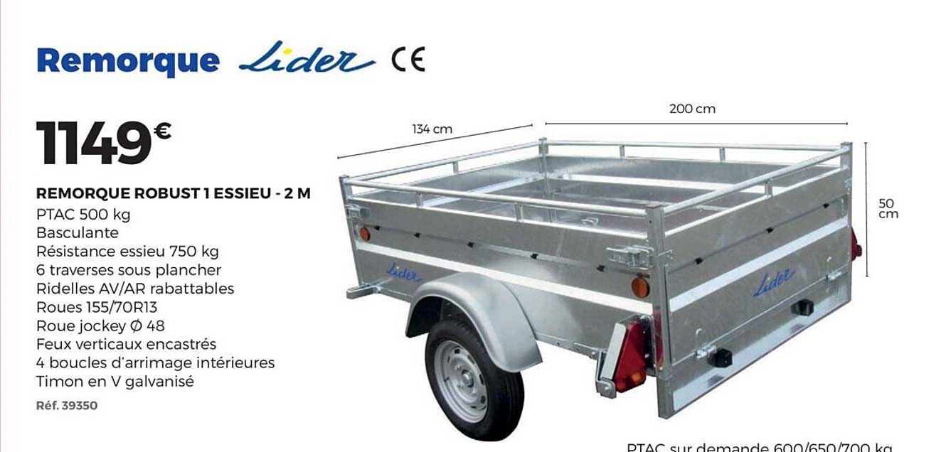 remorque robust 1 essieu 2 m lider