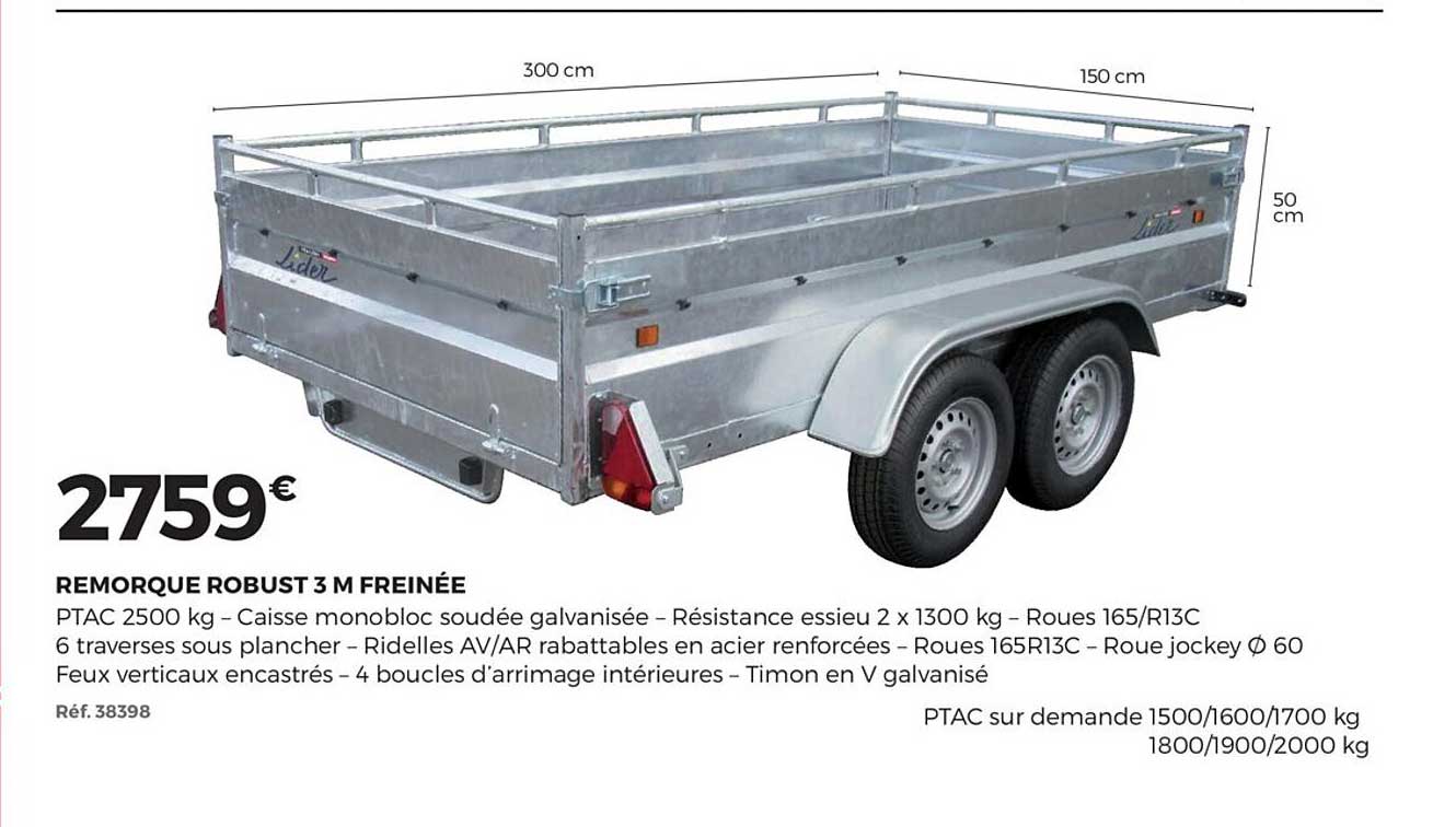 remorque robust 3 m freinée lider
