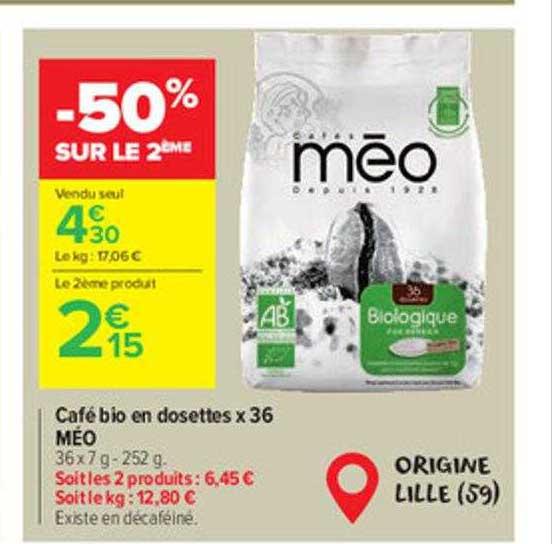 café bio en dosettes x36 méo