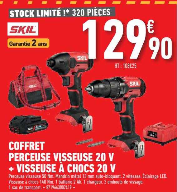 coffret perceuse visseuse 20v + visseuse à chocs 20 v skil