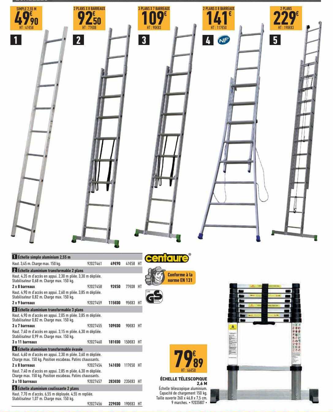 échelle simple aluminium 2,55 m, échelle aluminium transformable 2 plans, échelle aluminium transformable 3 plans, échelle aluminium transformable évasée, échelle aluminium coulissante 2 plans
