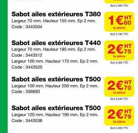 sabot ailes extérieurs t380, sabot ailes extérieures t440, sabot ailes extérieures t500, sabot ailes extérieurs t500