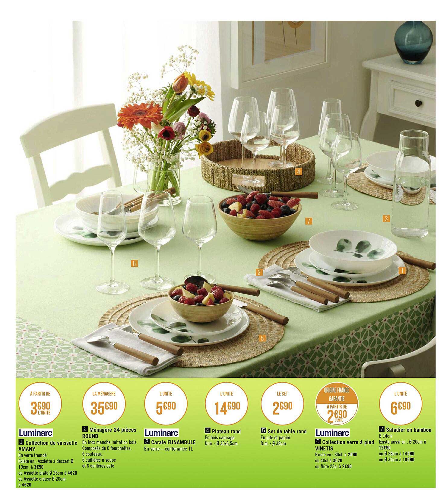 collection de vaisselle amany, ménagère 24 pièces round, carafe funambule luminarc, plateau rond, set de table rond, collection verre à pied vinetis luminarc, saladier en bambou