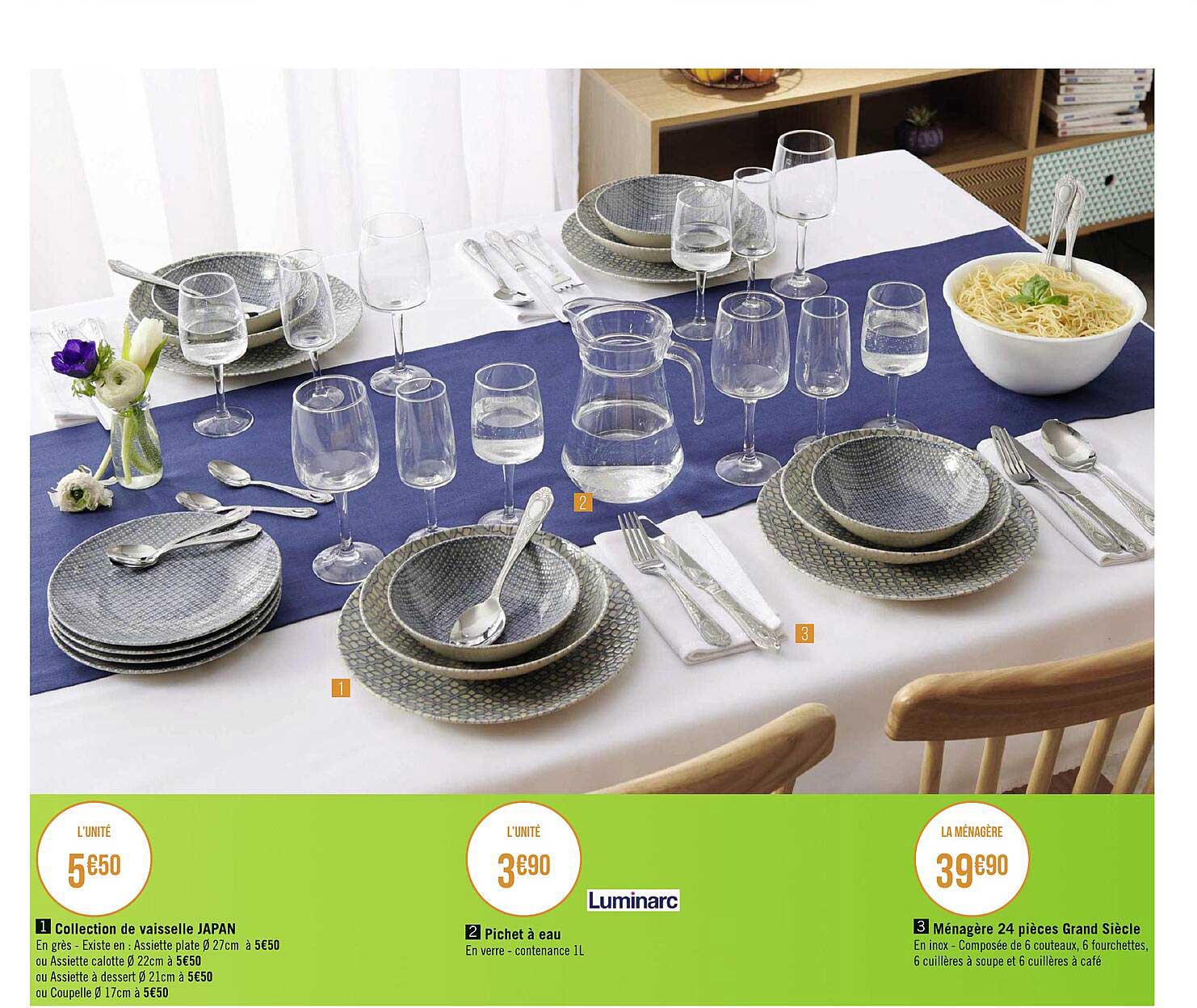 collection de vaisselle japan, pichet à eau luminarc, ménagère 24 pièces grand siècle