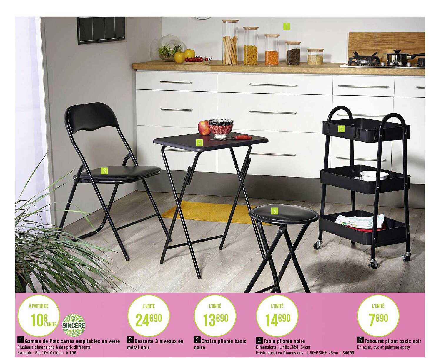 gamme de pots carrés empilables en verre sincère, desserte 3 niveaux en métal noir, chaise pliante basic noire, table pliante noire, tabouret pliant basic noir