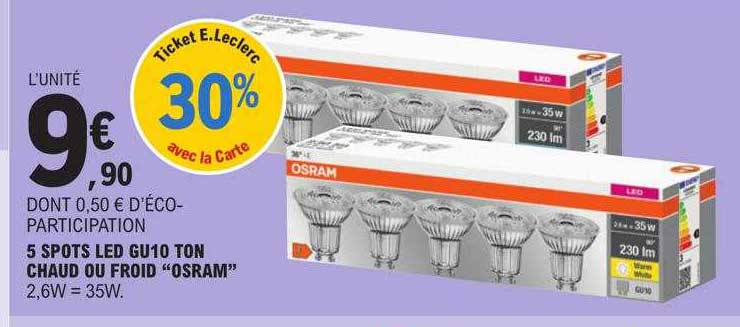 5 spots led gu10 ton chaud ou froid "osram"