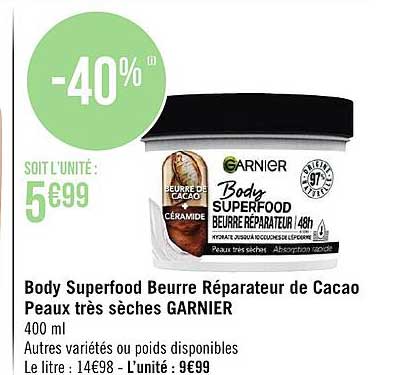 body superfood beurre réparateur de cacao peaux très sèches garnier