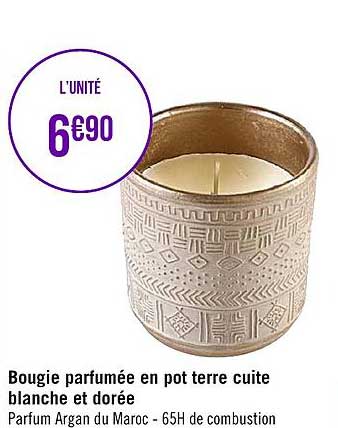 bougie parfumée en pot terre cuite blanche et dorée