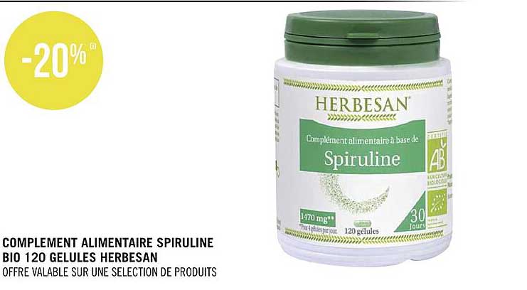 complément alimentaire spiruline bio 120 gélules herbesan