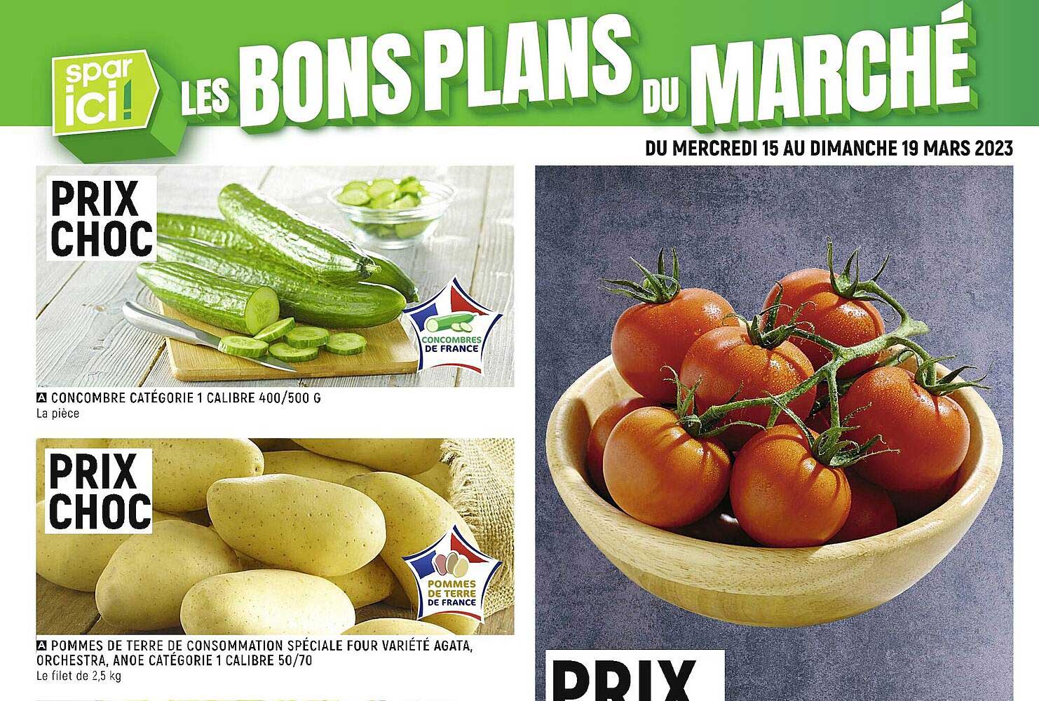 concombre catégorie 1 calibre 400-500 g, pommes de terre de consommation spéciale four variété agata, orchestra, anoe catégorie 1 calibre 50-70
