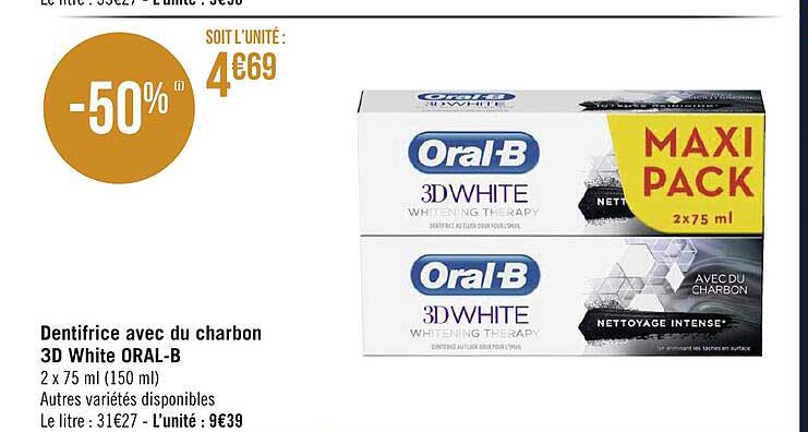 dentifrice avec du charbon 3d white oral-b