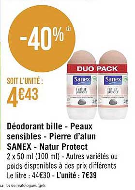 Déodorant Bille - Peaux Sensibles - Pierre D'alun Sanex - Natur Protect