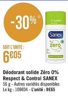 déodorant solide zéro 0% respect & control sanex