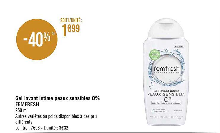 gel lavant intime peaux sensibles 0% femfresh