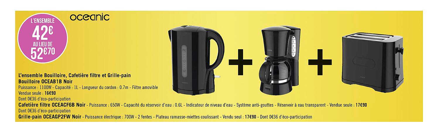 l'ensemble bouilloire, cafetière filtre et grille-pain bouilloire oceab1b noir oceanic