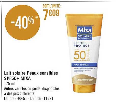 lait solaire peaux sensibles spf50+ mixa