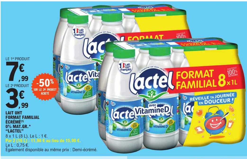 lait uht format familial écrémé 0% mat.gr. "lactel"