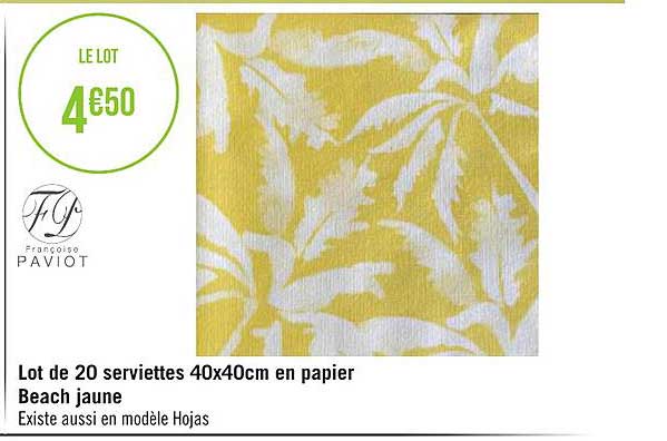 lot de 20 serviettes 40 x 40 cm en papier beach jaune