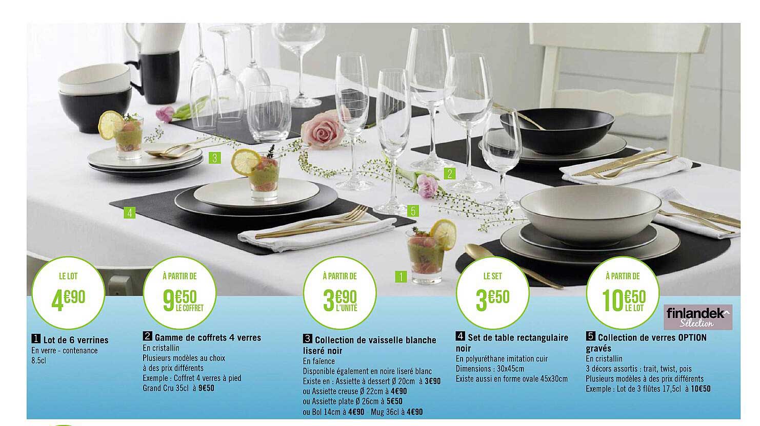 lot de 6 verrines, gamme de coffrets 4 verres, collection de vaisselle blanche liseré noir, set de table rectangulaire noir, collection de verres option gravés