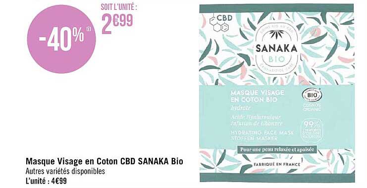 Masque Visage En Coton Cbd Sanaka Bio