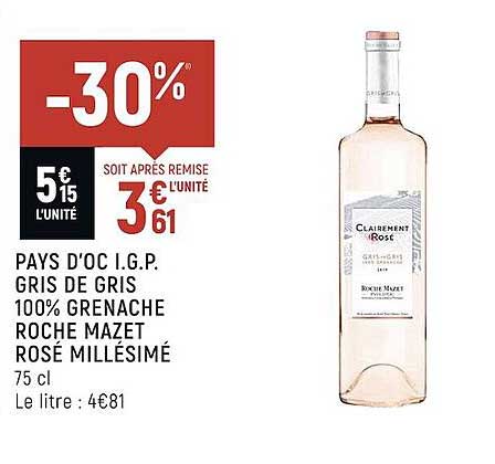 pays d'oc i.g.p. gris de gris 100% grenache roche mazet rosé millésimé