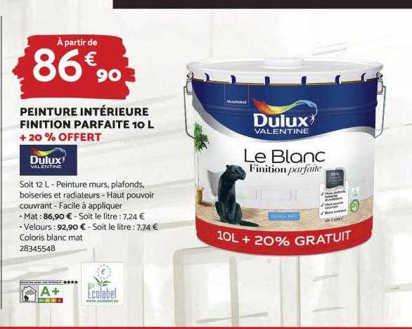 peinture intérieure finition parfaite 10l + 20% offert dulux valentine