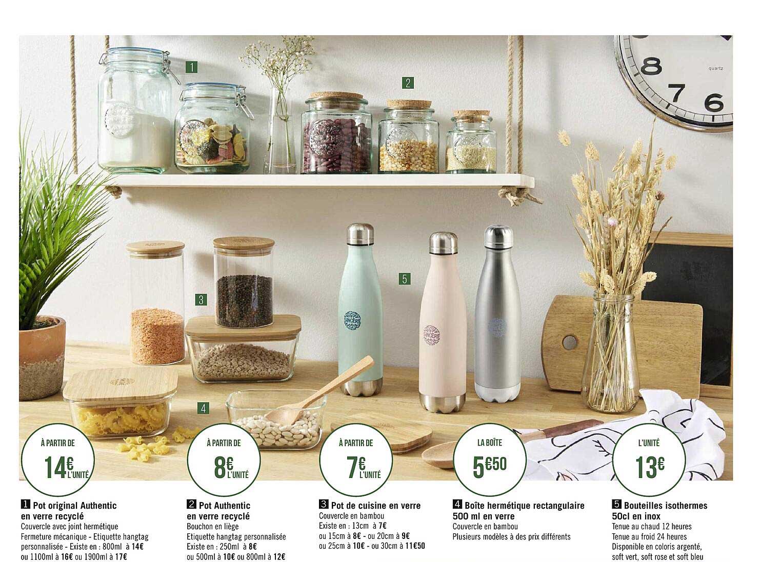 pot original authentic en verre recyclé, pot authentic en verre recyclé, pot de cuisine en verre, boîte hermétique rectangulaire 500ml en verre, bouteilles isothermes 50cl en inox