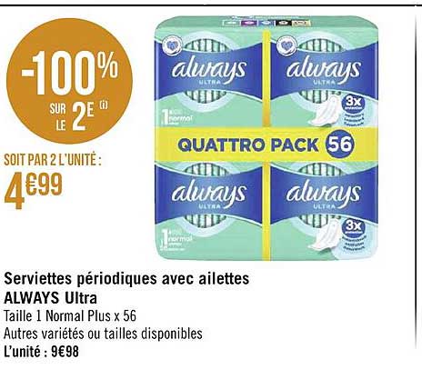 serviettes périodiques avec ailettes always ultra