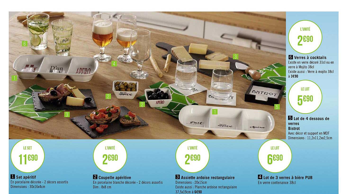 set apéritif, coupelles apéritive, assiette ardoise rectangulaire, lot de 3 verres à bière pub, lot de 4 dessous de verres bistrot, verres à cocktails